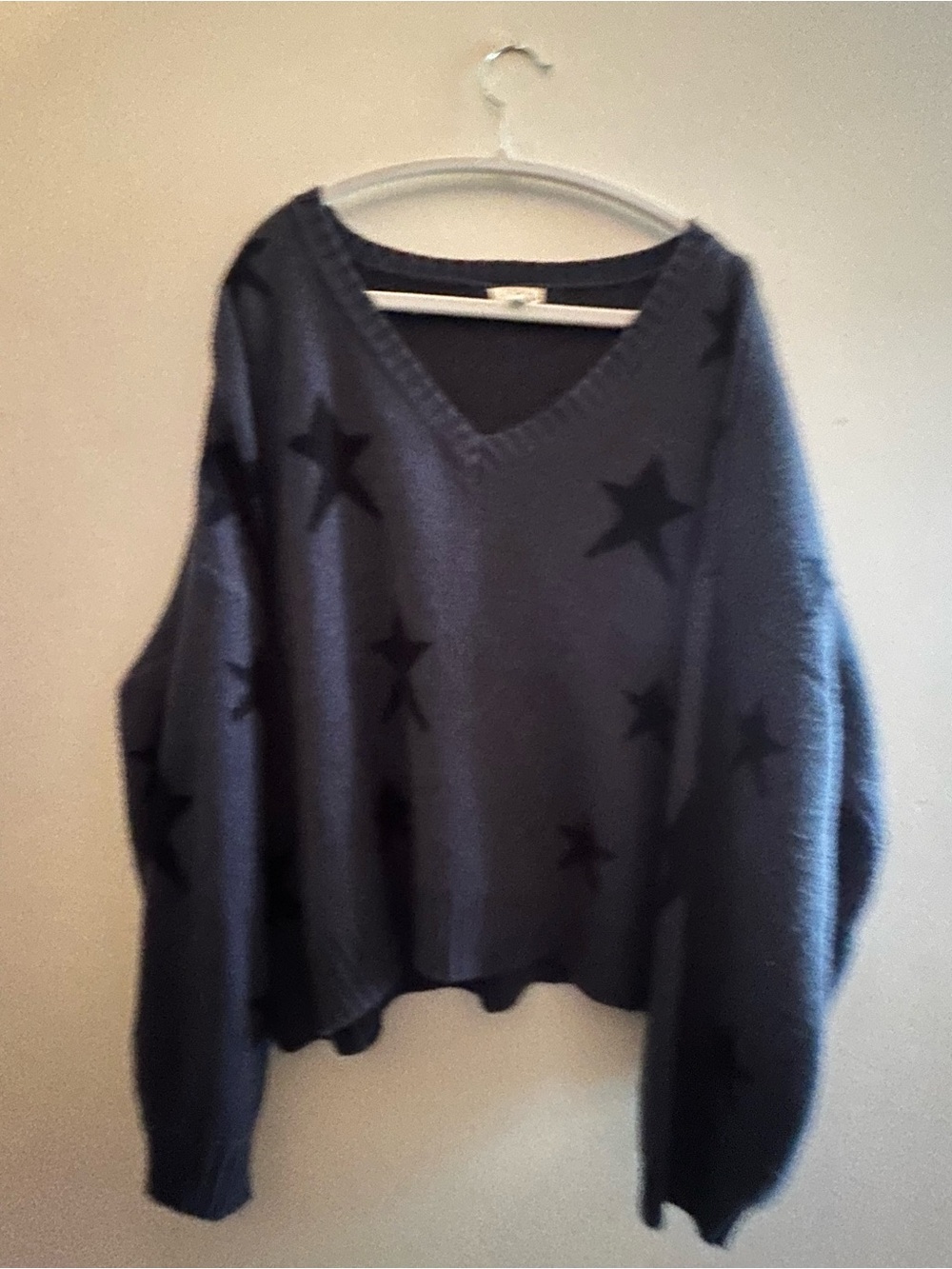 POL Women's V-Neck Star Pattern Sweater - Navy Blue
